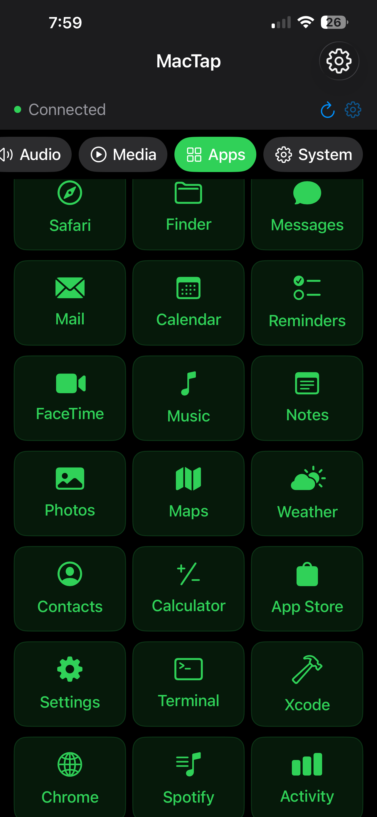 MacTap Apps tab: Safari, Finder, Messages, Mail, Calendar, Reminders, FaceTime, Music, Notes, Photos, Maps, Weather, Contacts, Calculator, App Store, Settings, Terminal, Xcode