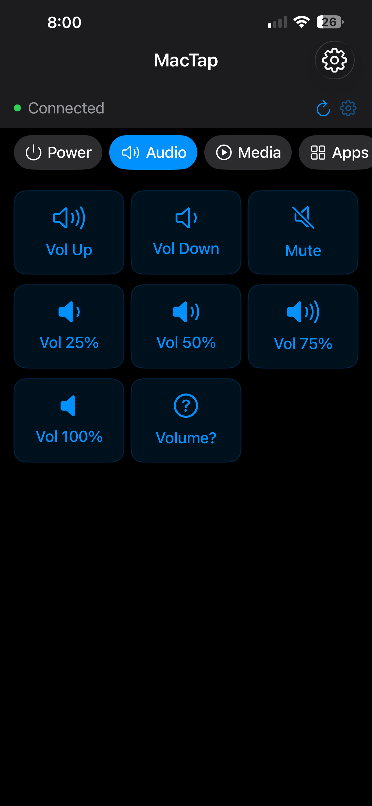 MacTap Audio tab: Volume Up, Volume Down, Mute, presets, volume check