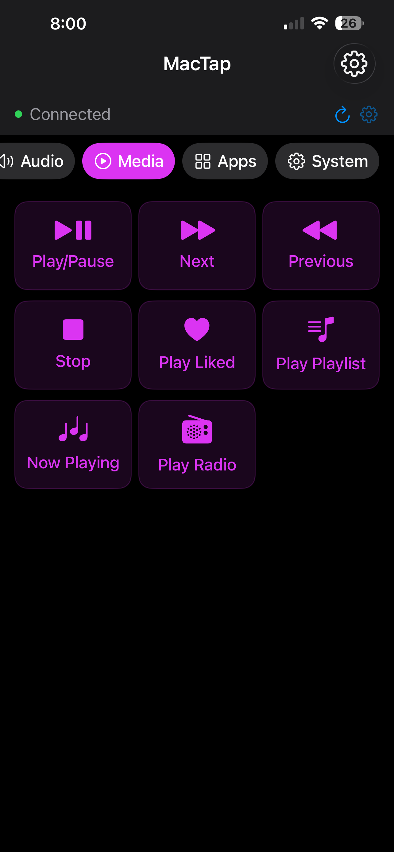 MacTap Media tab: Play/Pause, Next, Previous, Stop, Play Liked, Play Playlist, Now Playing, Play Radio