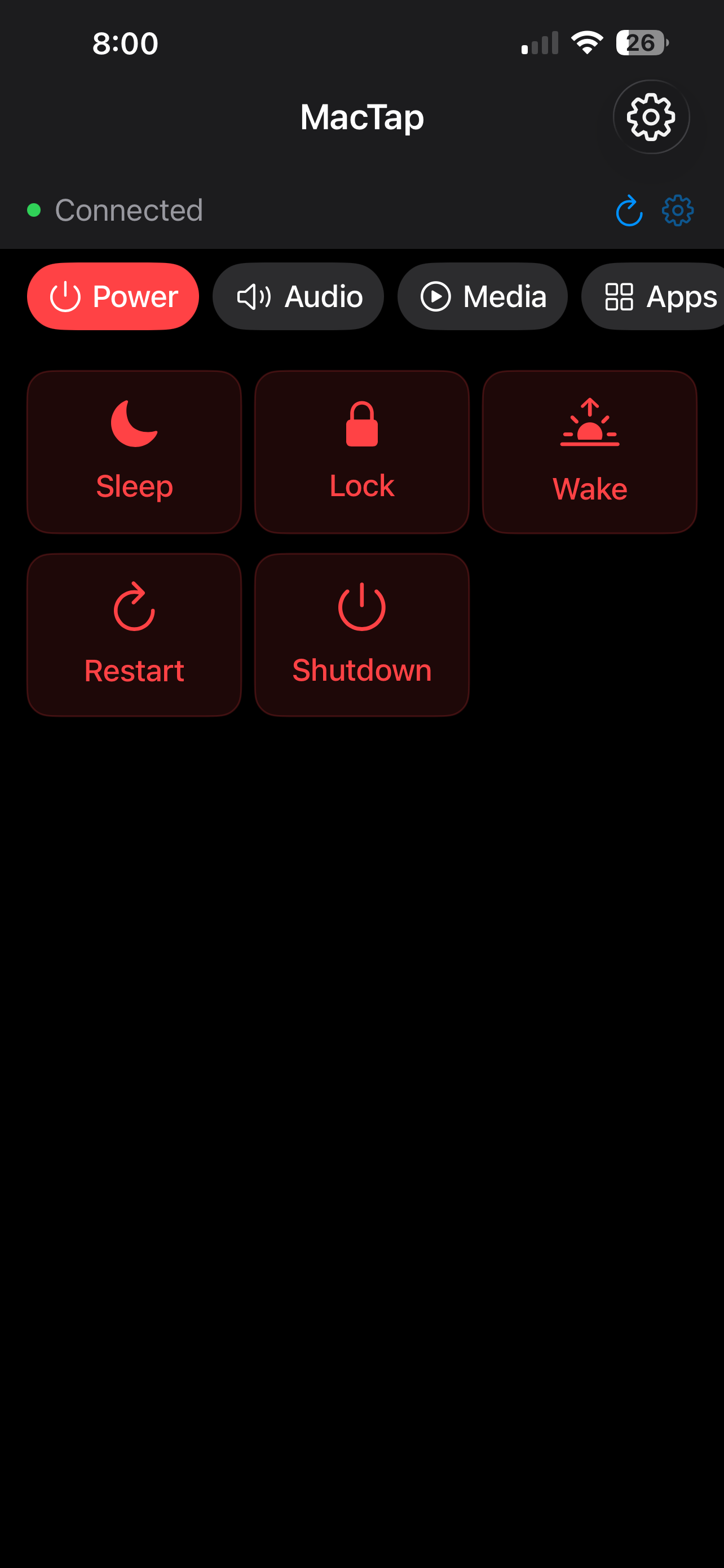 MacTap Power tab: Sleep, Lock, Wake, Restart, Shutdown