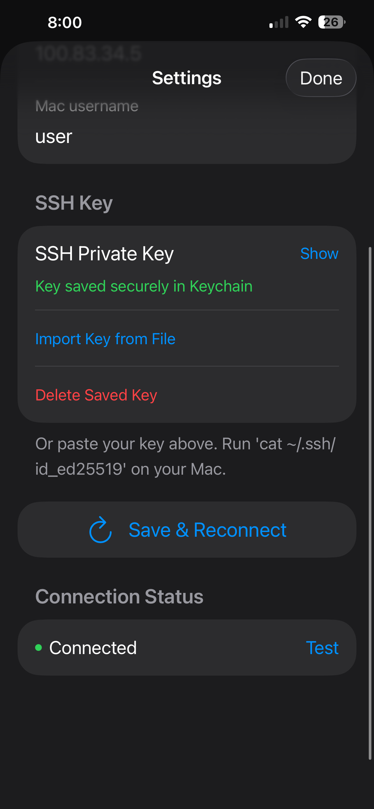 MacTap Settings screen showing Tailscale IP, Mac username, and SSH key configuration fields
