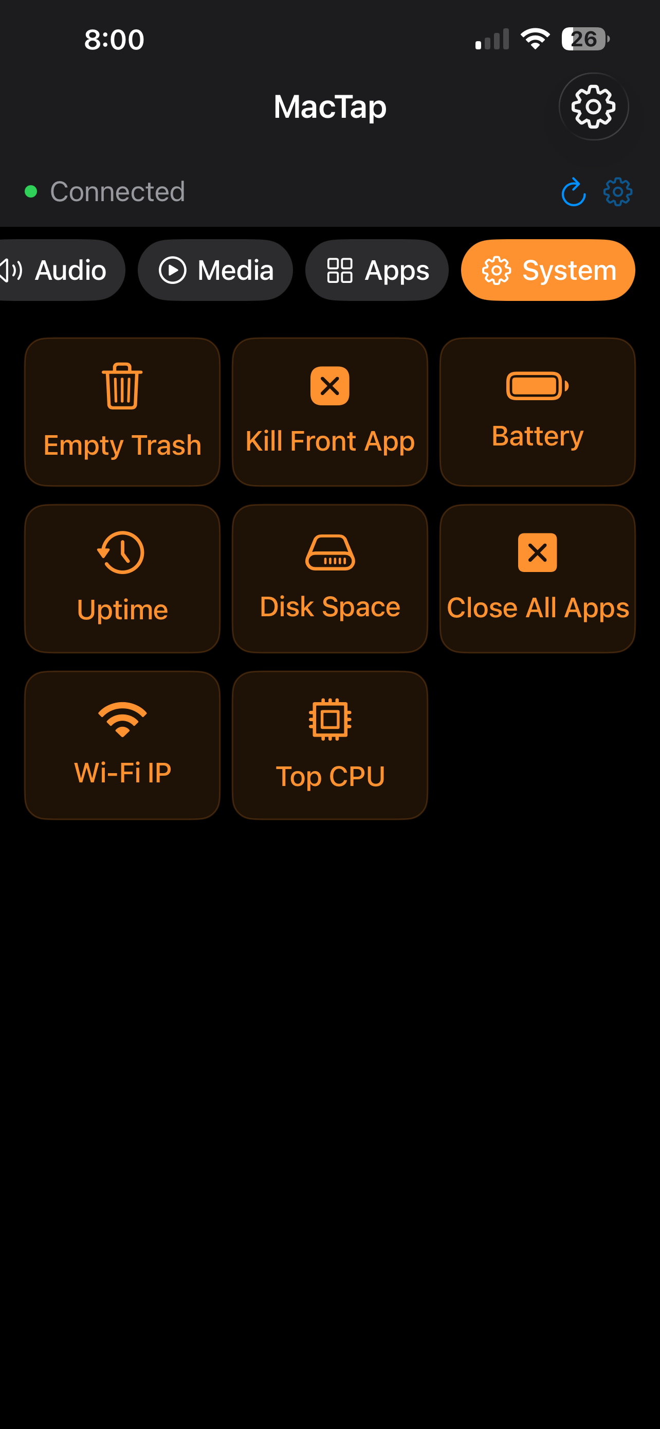 MacTap System tab: Empty Trash, Kill Front App, Battery, Uptime, Disk Space, Close All Apps, Wi-Fi IP, Top CPU