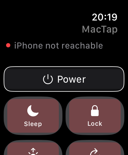 MacTap on Apple Watch Ultra showing Power, Sleep, and Lock command buttons